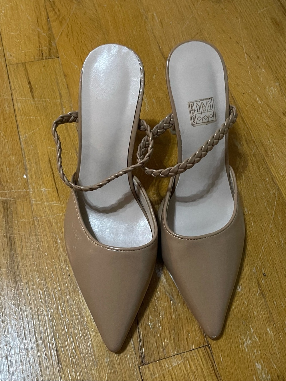 Braided-Strap Pointed Toe Mule in Tan